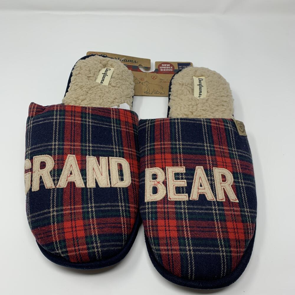 Dearfoams Grand Bear House Mule Slippers Mens Size 11.5 Navy Plaid Memory Foam
